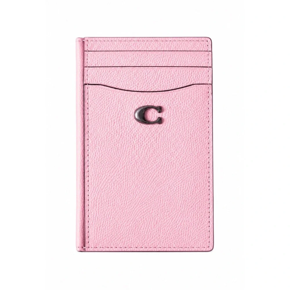 Coach Pink Pebbled Leather Card Case Card Holder Gunmetal C Logo